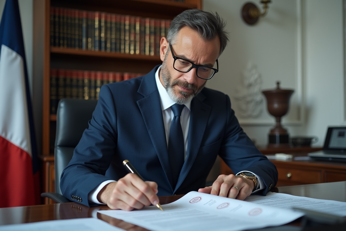 Homme d'affaires en costume dans un bureau officiel français