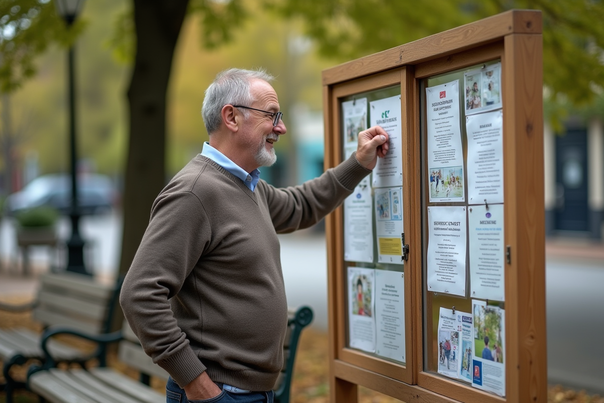 Homme accroche un flyer sur un panneau communautaire en plein air