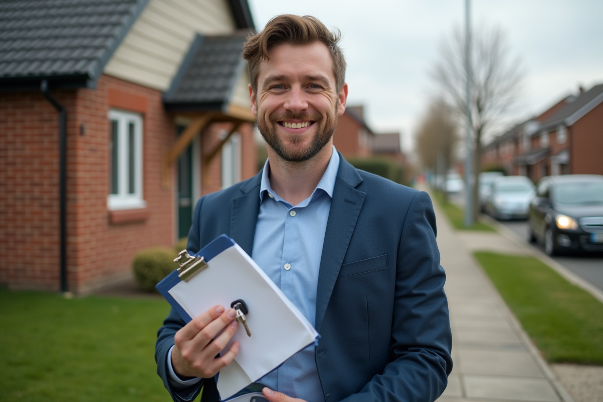 Homme souriant tenant des clés devant une maison de banlieue
