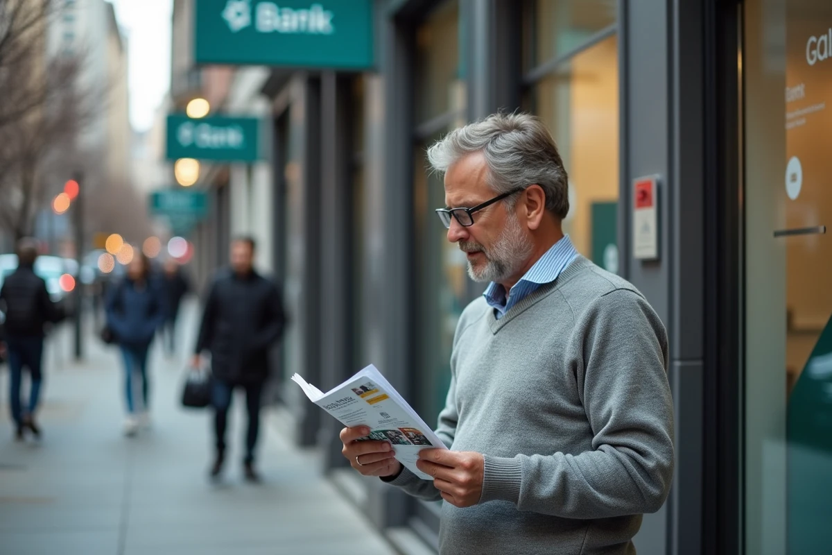 Homme comparant brochures de banques dans une rue animée