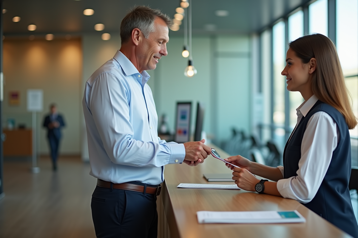 Homme au guichet bancaire échangeant une carte prépayée avec un conseiller