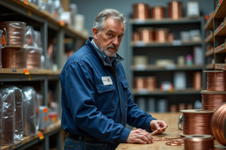 Homme en veste bleue examine du fil de cuivre en magasin