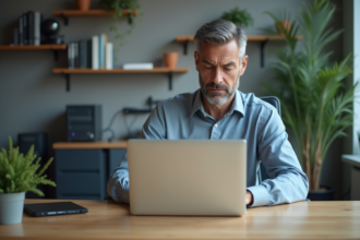 Homme d'âge moyen dans un bureau moderne en train de fermer son ordinateur