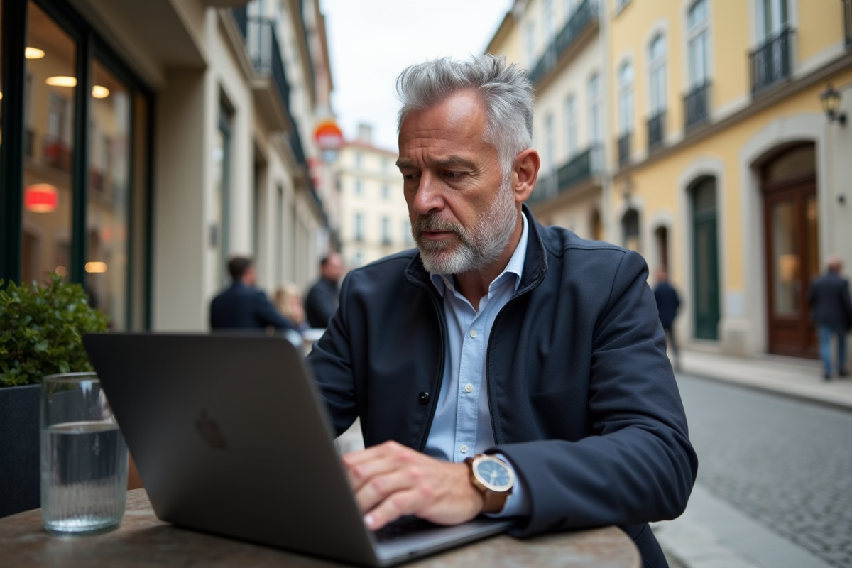 Homme d'affaires dans un café lisboète en terrasse