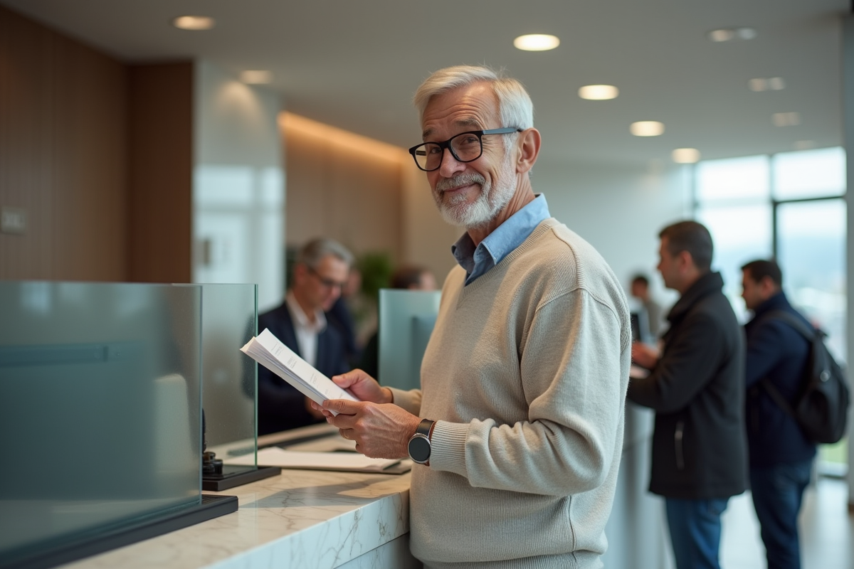 Homme au guichet de banque tenant un formulaire avec calme