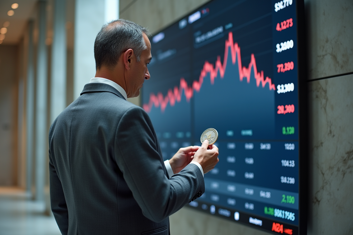 Homme en costume examinant une pièce XRP devant écran digital