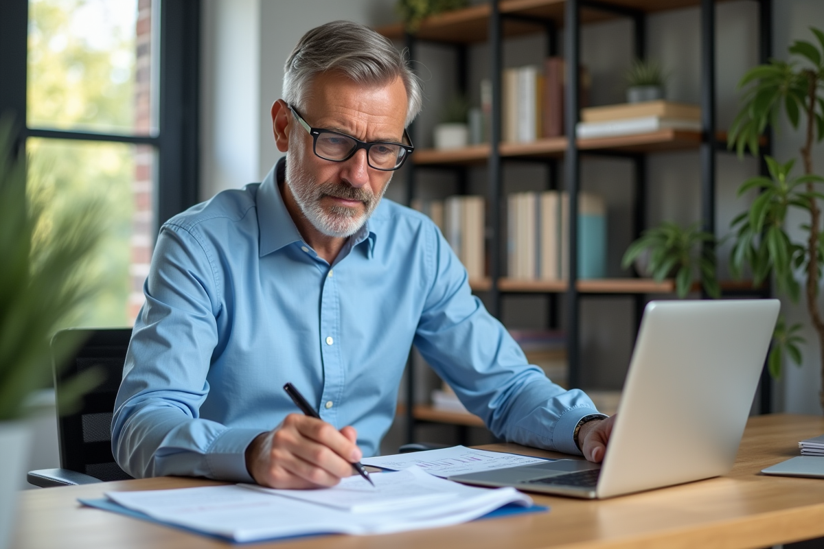 Homme d'âge moyen examinant un document d'assurance dans un bureau moderne
