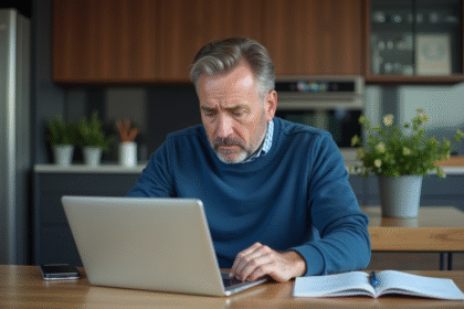 Homme d'âge moyen regardant des graphiques crypto sur son ordinateur