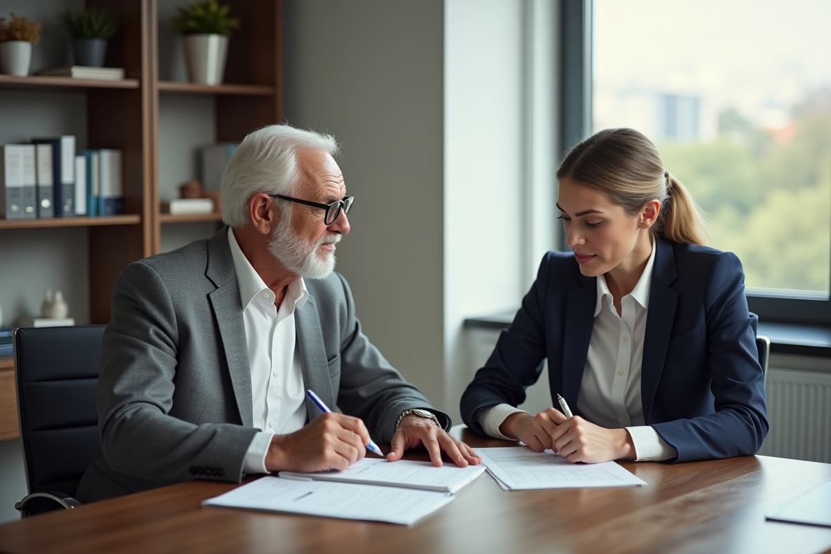 Homme senior en costume discutant avec une conseillère