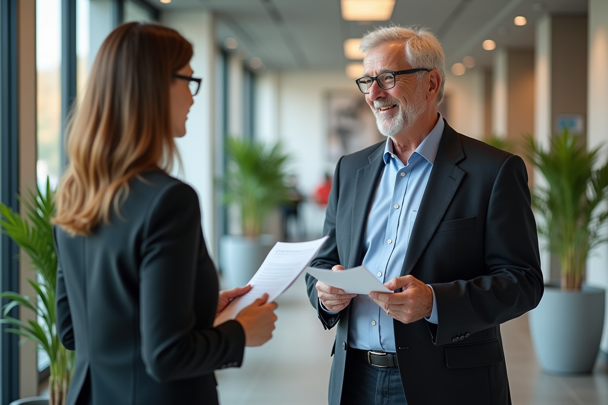 Homme d age parle avec une representante RH dans un bureau moderne