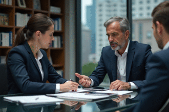Homme d'affaires en costume navy avec conseiller financier