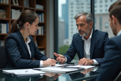 Homme d'affaires en costume navy avec conseiller financier