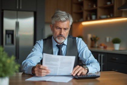 Homme d'affaires en cuisine examine un relevé de dividendes