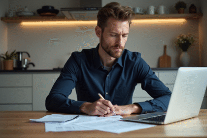 Homme lisant un relevé de crédit dans une cuisine moderne