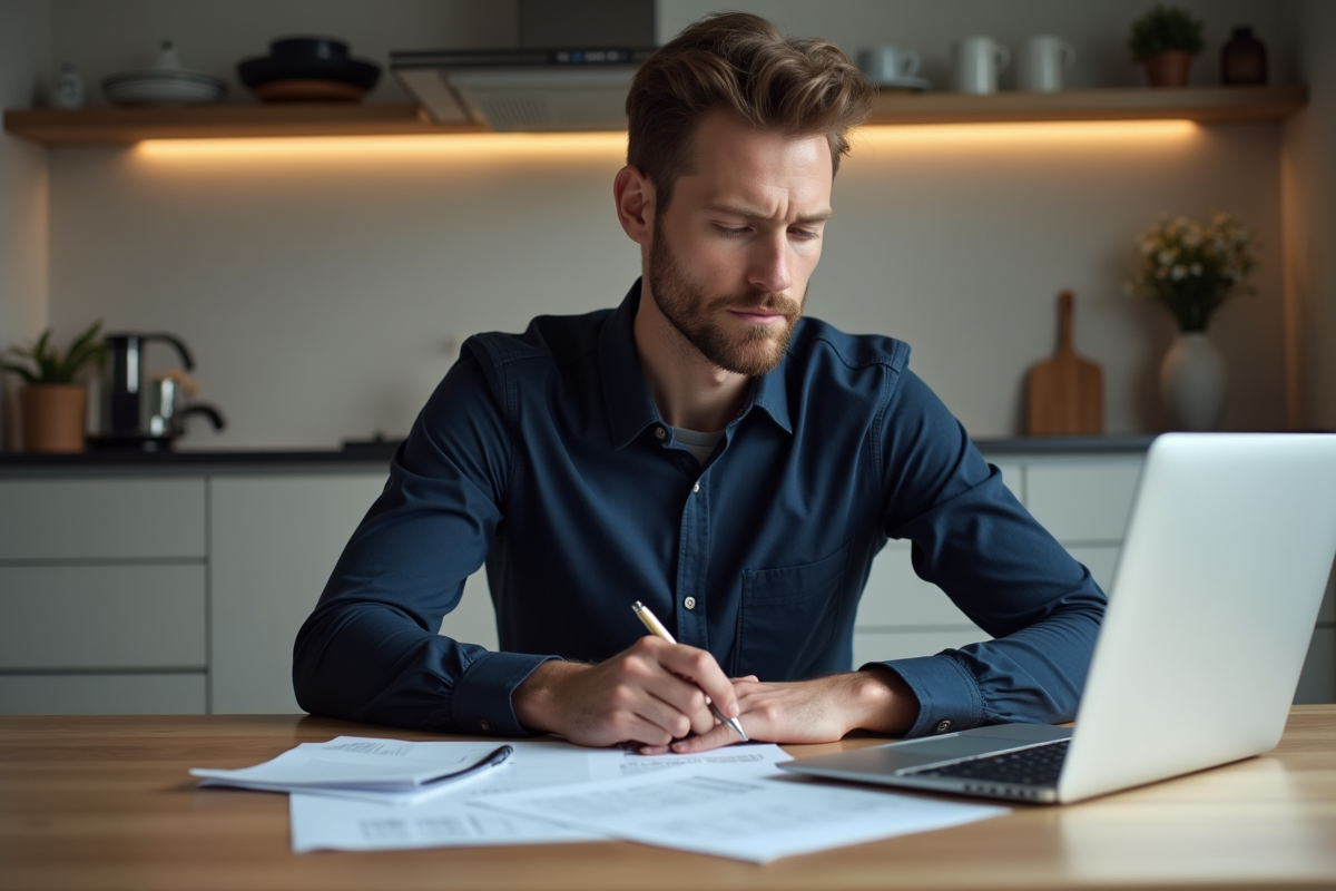 Homme lisant un relevé de crédit dans une cuisine moderne