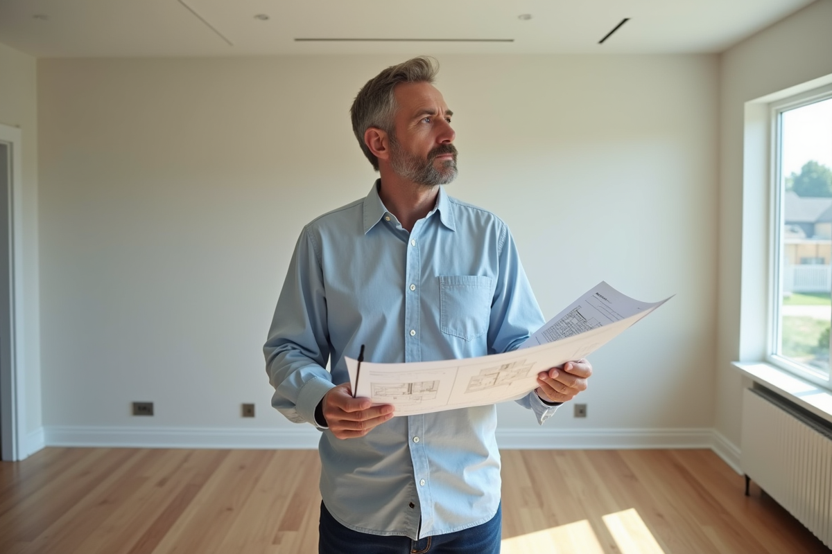 Homme analysant des plans dans un appartement vide