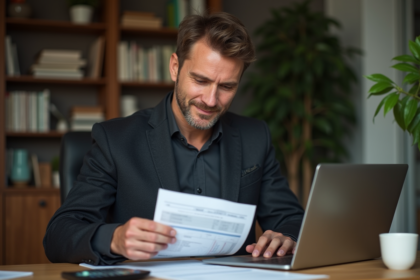 Homme d'âge moyen examine un rapport financier à la maison