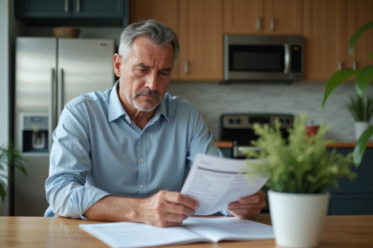 Homme d'âge moyen vérifiant un relevé bancaire à la maison