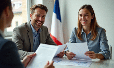 Jeune couple heureux discutant avec un conseiller financier
