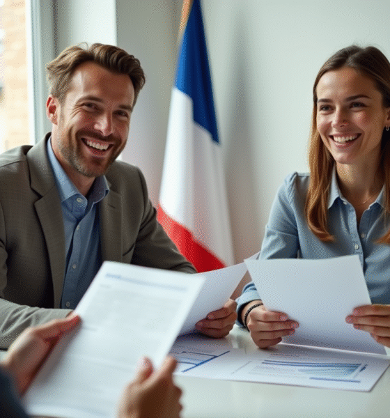 Jeune couple heureux discutant avec un conseiller financier