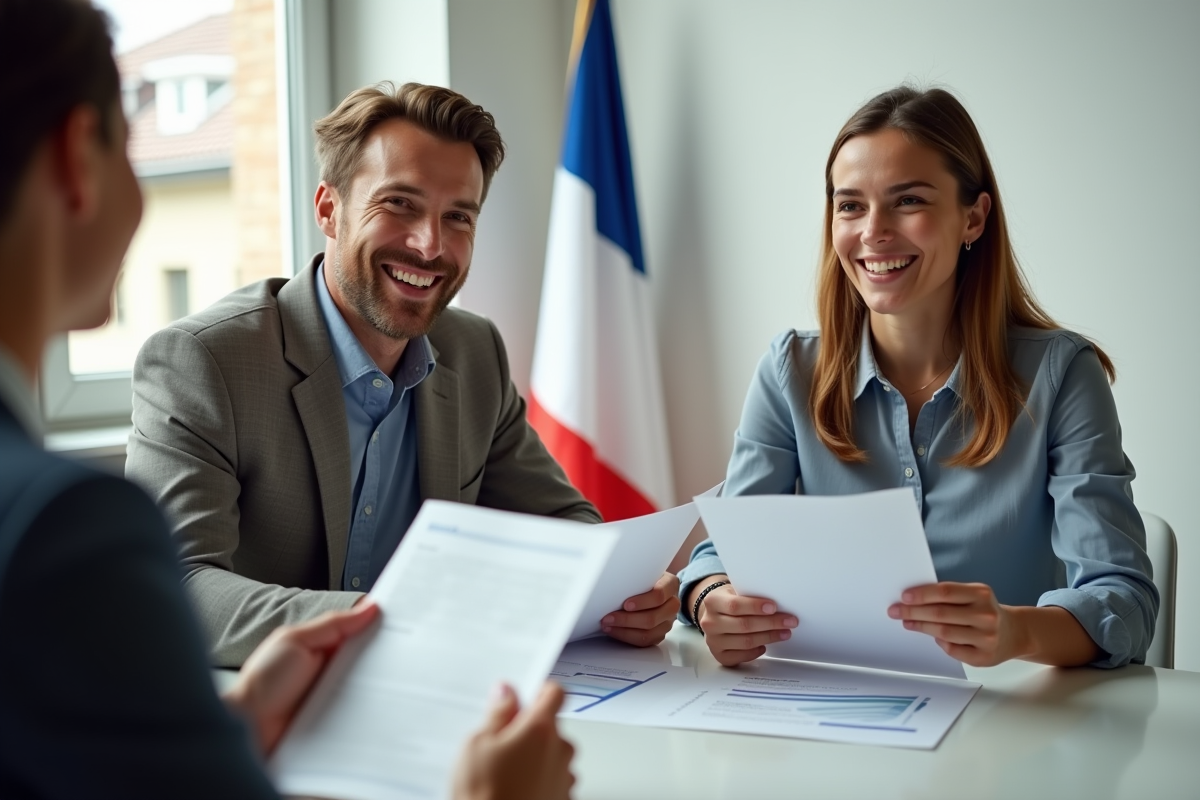 Jeune couple heureux discutant avec un conseiller financier