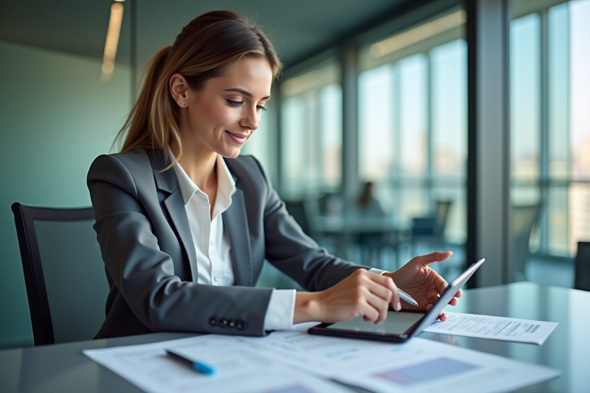 Jeune femme analyse des frais de courtage sur une tablette