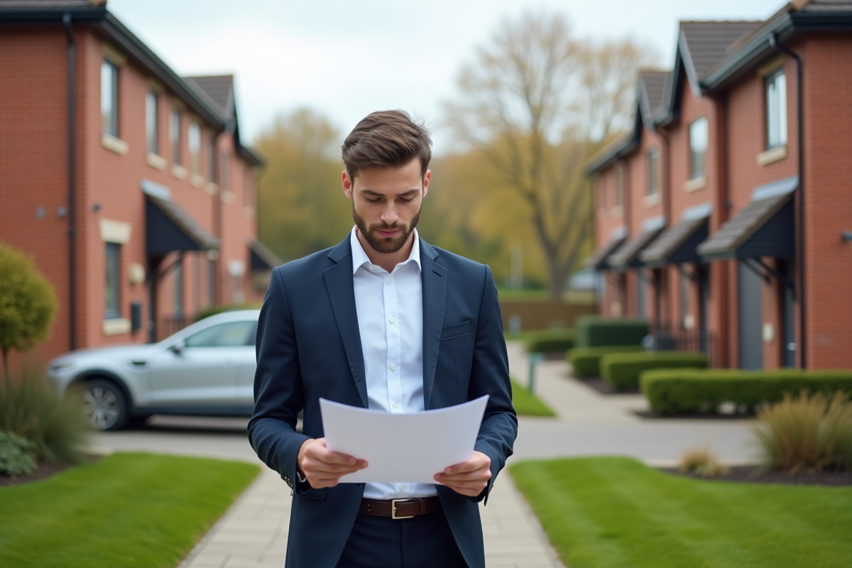 Jeune homme vérifiant des documents immobiliers devant des maisons