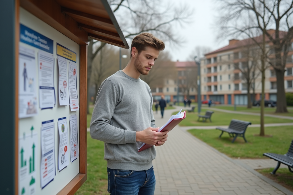 Jeune homme lisant des flyers d