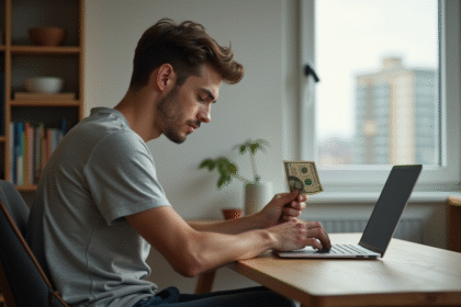 Jeune homme concentré avec un billet de cinq dollars