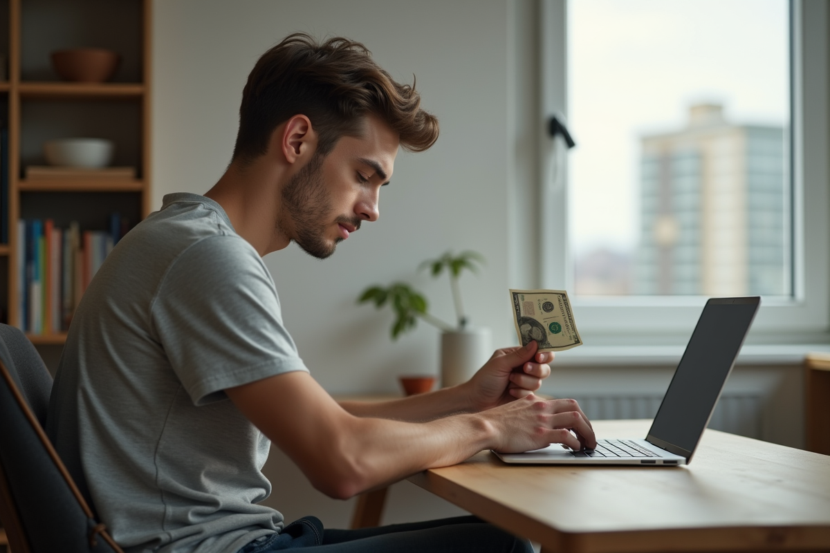 Jeune homme concentré avec un billet de cinq dollars
