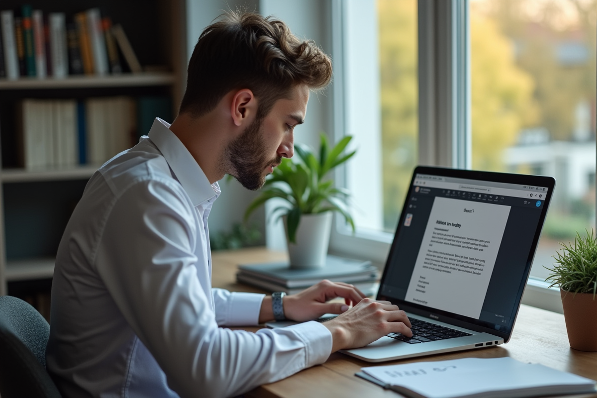 Jeune homme rédigeant une lettre officielle sur son ordinateur portable
