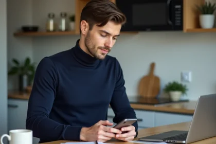 Jeune homme en turtleneck entrant un code sur son smartphone