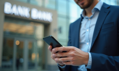 Jeune professionnel utilisant un smartphone pour banque sécurisée