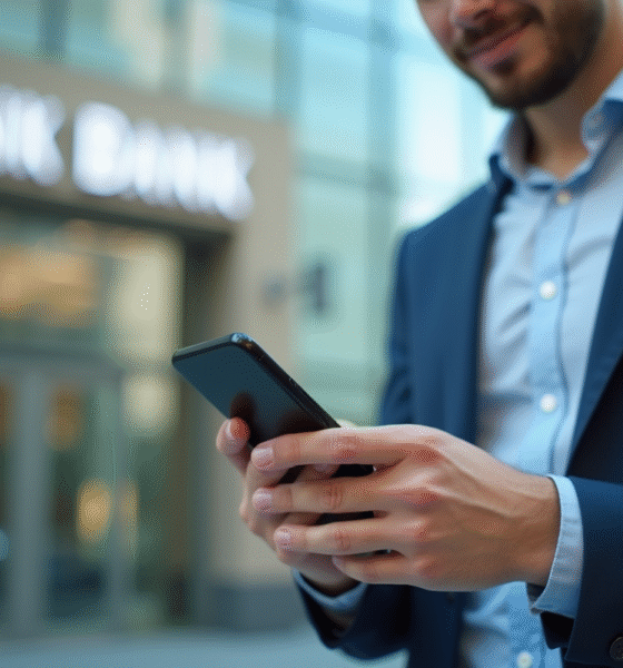 Jeune professionnel utilisant un smartphone pour banque sécurisée