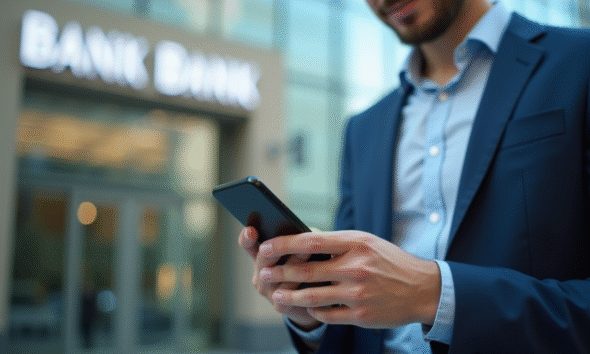 Jeune professionnel utilisant un smartphone pour banque sécurisée