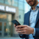Jeune professionnel utilisant un smartphone pour banque sécurisée