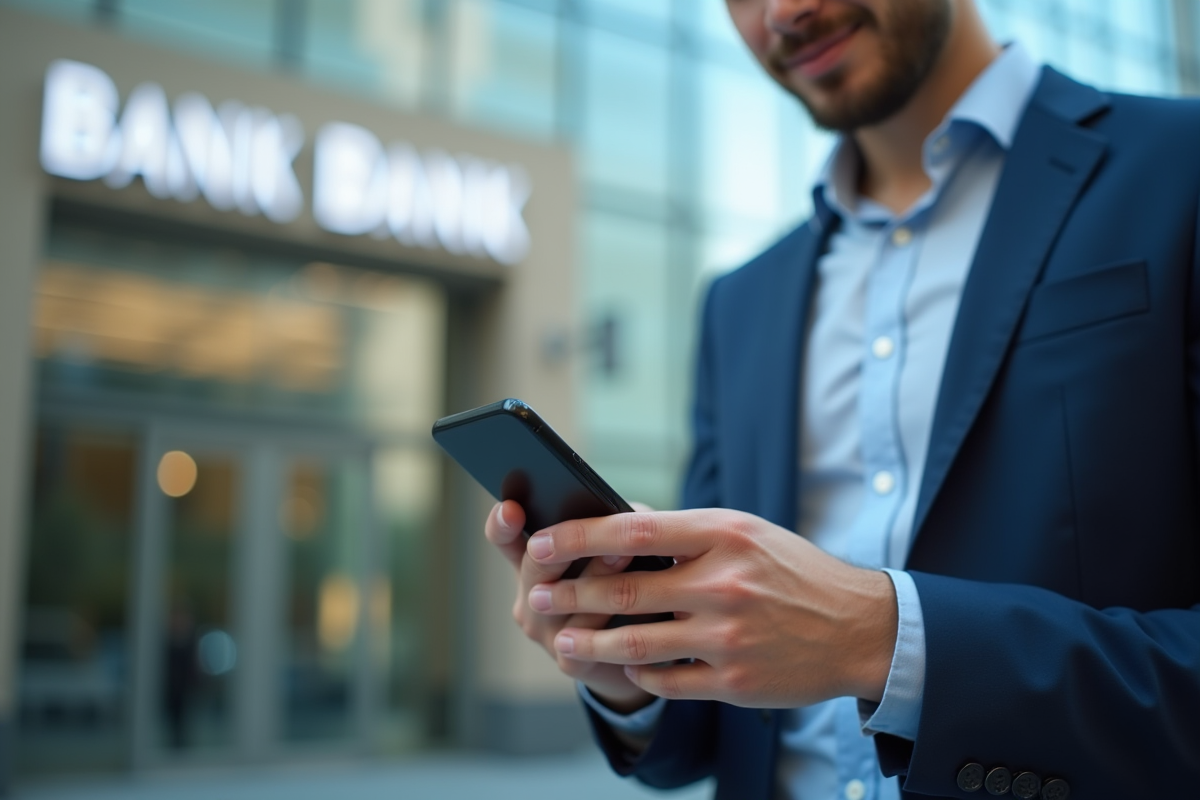 Jeune professionnel utilisant un smartphone pour banque sécurisée
