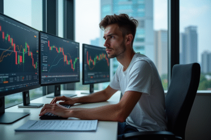 Jeune homme concentré devant ses écrans de trading crypto