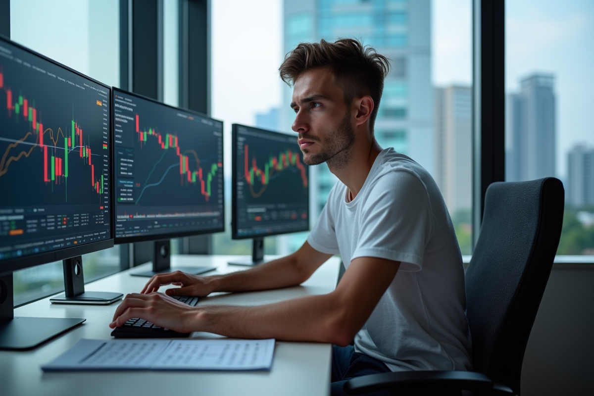 Jeune homme concentré devant ses écrans de trading crypto
