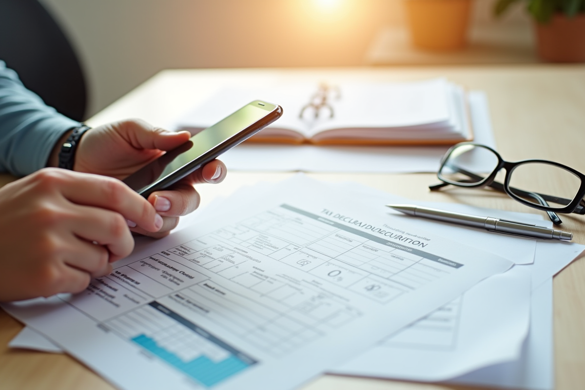 Mains tenant un smartphone affichant un formulaire de declaration fiscale