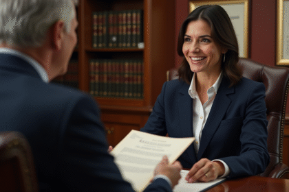 Femme d'affaires offrant un document au notaire dans un bureau élégant