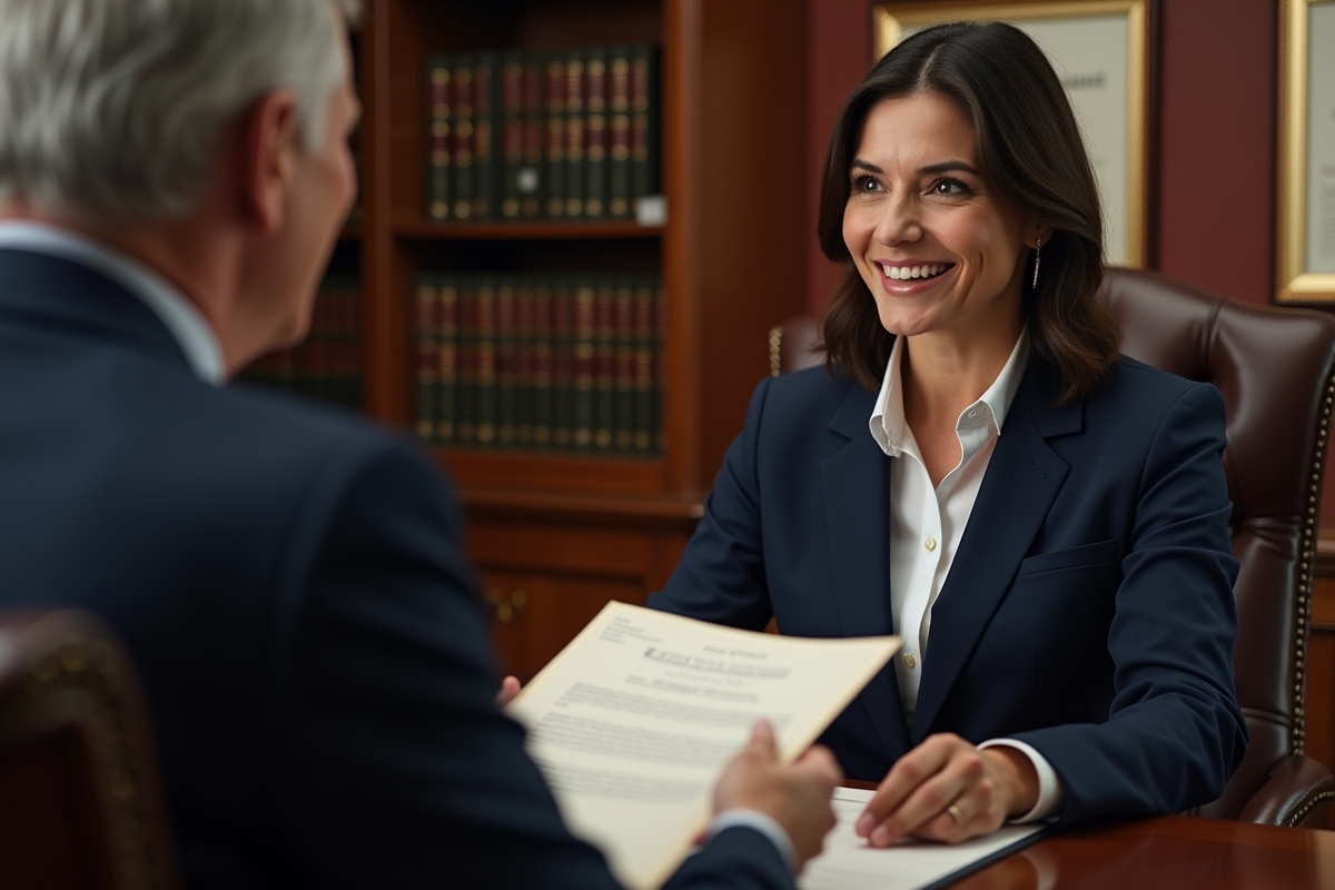 Femme d'affaires offrant un document au notaire dans un bureau élégant