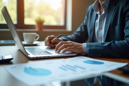 Personne travaillant sur un bureau moderne avec documents financiers et ordinateur