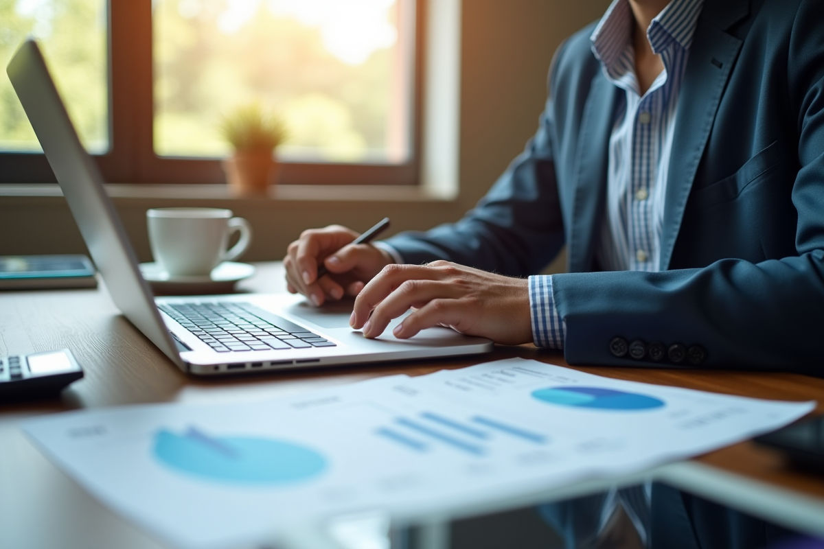 Personne travaillant sur un bureau moderne avec documents financiers et ordinateur