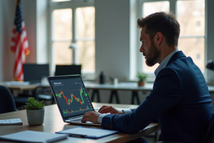 Professionnel utilisant un ordinateur pour analyser des graphiques crypto dans un bureau moderne