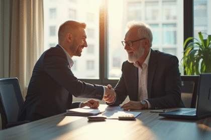 Un professionnel senior souriant serre la main d'un jeune collègue dans un bureau moderne
