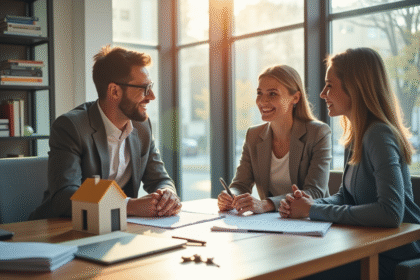 Couple souriant rencontrant un banquier dans un bureau moderne pour un prêt immobilier