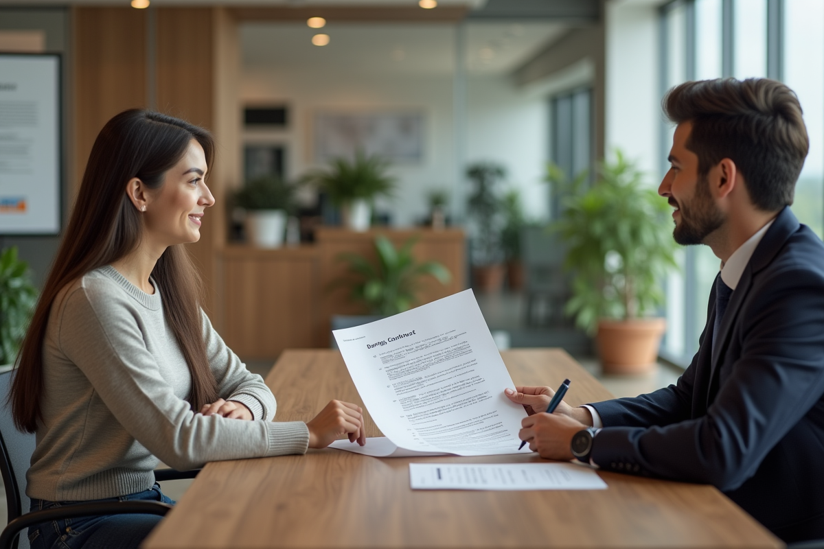 Jeune femme signant un contrat avec un conseiller bancaire