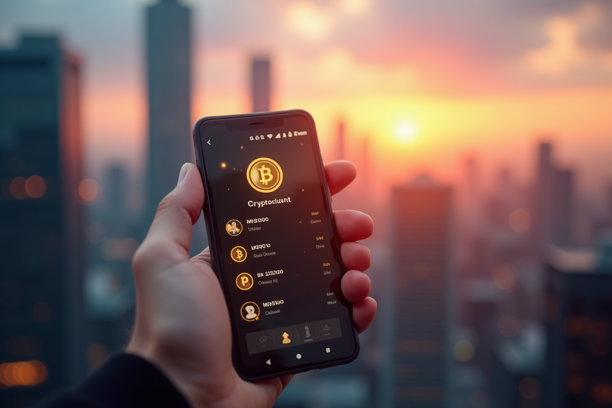 Main tenant un smartphone avec une application de portefeuille crypto au lever du soleil