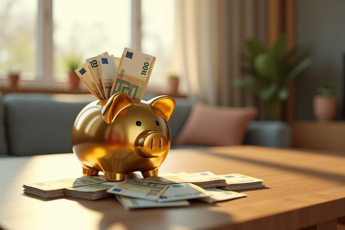Tirelire en or débordant de billets d